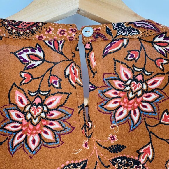 DR2 Copper Brown Floral Ruffle Sleeve Blouse Size M Semi-Sheer - Picture 4 of 8